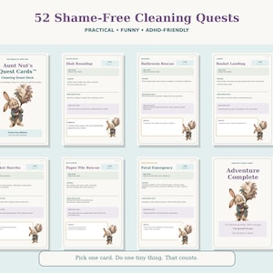 May include: A set of 52 Shame-Free Cleaning Quests cards titled Aunt Nut's Quest Cards. The deck includes cards like Dish Roundup, Bathroom Rescue, and Blanket Burrito, each featuring a rabbit illustration and specific cleaning tasks to complete.