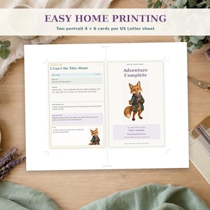 May include: A printable US Letter sheet featuring two portrait 4 x 6 inch cards. The left card is titled I Can't Do This Alone with text and a small fox illustration. The right card is titled Adventure Complete with a large fox illustration.