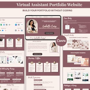 Plantilla web de portafolio para asistente virtual / Sitio web empresarial editable en Canva para asistentes virtuales / Kit para freelancers en color malva