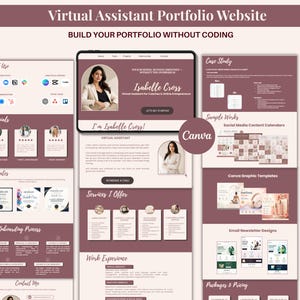 Sjabloon voor een portfolio-website voor virtuele assistenten | Bewerkbare Canva-website voor virtuele assistenten | Mauve Freelancer Kit