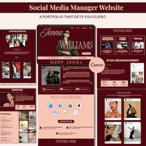 Plantilla de sitio web para portafolio de marketing, portafolio para gestor de redes sociales, sitio web en Canva, portafolio de una página, creador de contenido