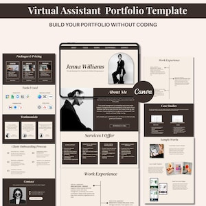 May include: A digital Virtual Assistant Portfolio Template featuring a dark brown and cream color scheme. The layout includes sections for packages, tools, testimonials, services, and work experience, with the text Jenna Williams displayed.