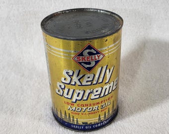 Vintage Skelly Supreme Motor Oil Can, 1950s Refinery Graphics, Empty Display Can Clean Lids, Retro Gas Station Man Cave Decor