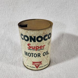 Vintage Conoco Super Motor Oil Can, 1950s Diamond Trellis Tin, Retro Gas Station Decor