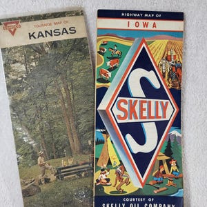Vintage 1950s Skelly Oil Iowa & Conoco Kansas Road Maps – Mid-Century Travel Ephemera