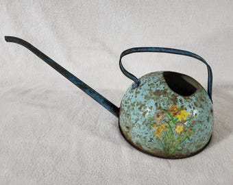 Vintage Blue Floral Watering Can, Extra Long Spout, Rustic Garden Decor Accent