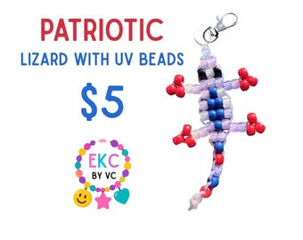 Patriotic UV Lizard Keychain | Red White & Blue Pony Bead Charm | Fourth of July Accessory