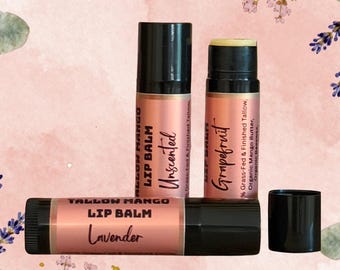 Grass-Fed Tallow Lip Balm in Tube | Unscented, Grapefruit, Lavender | Organic Mango Butter | Hydrating Lip Care for Dry Lips | 5g Tube