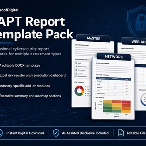 May include: A VAPT Report Template Pack by PixelProofDigital featuring three document previews labeled Master, Network, and Web App. The dark blue graphic displays lists of seven editable DOCX templates, an Excel risk register, and remediation dashboard, plus industry-specific modules and executive summary sections.