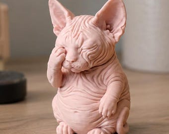 Cute Sphynx Cat Figurine, 3D Printed Facepalm Cat Statue, Funny Hairless Cat Desk Decor, Pink Cat Mini Figure Gift