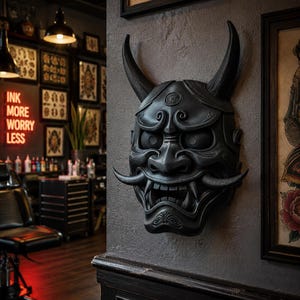 Black Japanese Oni Mask Wall Decor, Samurai Demon Mask, Gothic Man Cave Art, Tattoo Shop Decor, Gaming Room Wall Hanging