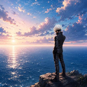 May include: A figurine of a character with spiky white hair, wearing a black high-collar jacket and black trousers, standing on a rocky cliff edge overlooking a vast blue ocean during a sunset with pink and orange clouds in the sky.