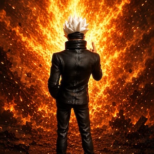 May include: A figurine of a character with spiky white hair wearing a black jacket and black trousers, standing with one hand raised against a backdrop of intense orange and yellow flames and dark, scattered debris on the ground.