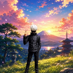 May include: A standing figurine of a character with spiky white hair, wearing a black high-collar jacket and black trousers, positioned in a grassy field with a mountain, a pagoda, and a sunset sky in the background.