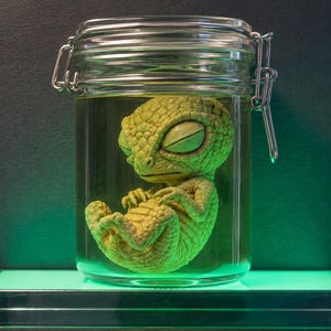 Alien Baby Specimen Figurine, 3D Printed UFO Prank Prop, Sci Fi Oddity Decor, Area 51 Alien Hatchling, Halloween Gag Gift