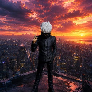 May include: A standing figurine featuring a character with spiky white hair and a black blindfold, wearing a black high-collar jacket and matching trousers. The figure is posed with one hand raised, set against a backdrop of a city skyline at sunset.