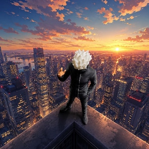 May include: A figurine of a character with spiky white hair wearing a black jacket and black pants, standing on the edge of a skyscraper rooftop overlooking a dense city skyline during a vibrant sunset with orange and blue clouds in the sky.