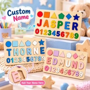 May include: Three rectangular wooden puzzle boards featuring colorful geometric shapes, the names JASPER, THORNE, and EDMUND, and the numbers 0 through 9. Each board displays a unique color scheme for the letters and numbers.