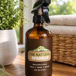 May include: An amber glass spray bottle with a black trigger nozzle. The label features a mountain graphic, the text THE NATURAL SPARKLE, Glass and Mirror Cleaner, REFILL REUSE REDUCE, and 16 FL OZ | 473 ML. The bottle has a cylindrical shape.