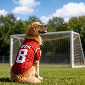 Peut inclure: Un chien golden retriever portant un maillot de football rouge avec le mot SPAIN et le numéro 8 imprimés en blanc au dos. Le maillot présente un motif à rayures verticales subtiles et des bordures jaunes sur les manches, sur un terrain en herbe.