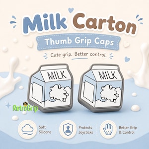 May include: Two thumb grip caps shaped like milk cartons with white and light blue colors. The text reads Milk Carton, Thumb Grip Caps, Cute grip. Better control., Soft Silicone, Protects Joysticks, Better Grip & Control, and RetroGrip.
