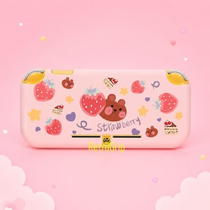 Pink Strawberry Bear Case for Nintendo Switch Lite | Flip-Top Protective Cover | Cute Lightweight NS Lite Console Case| 360 Hard Shell