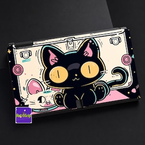 May include: A black gaming console skin featuring a cartoon illustration of a large black cat with yellow eyes and a smaller white cat with pink ears. The design includes pink circular accents and a small purple logo in the corner with the text RetroGrip.