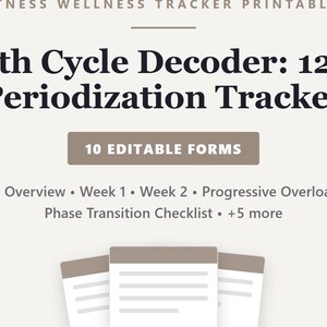 Op de afbeelding: Een printbare fitness- en welzijnstracker getiteld Strength Cycle Decoder: 12-Week Periodization Tracker. Het bevat 10 bewerkbare formulieren, waaronder een overzicht van de krachtcyclus, week 1, week 2 en een checklist voor faseovergangen.