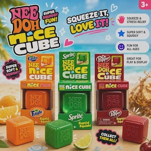 May include: Three Nee Doh Nice Cube sensory toys in orange, green, and dark red, each packaged in a branded box featuring Fanta, Sprite, and Dr Pepper logos. The cubes are embossed with the Nee Doh logo and are displayed with matching fruit.