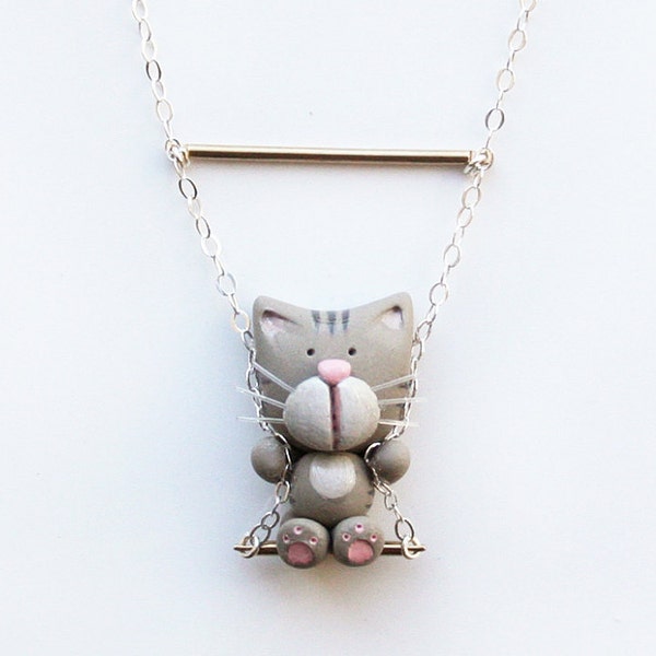 Sterling Silver- Simba the cat necklace on a swing -Sterling silver-