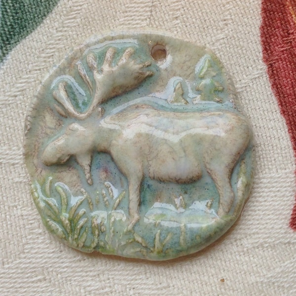 Loose Moose in the Forest   Porcelain Pendant Hand Made Wearable Art