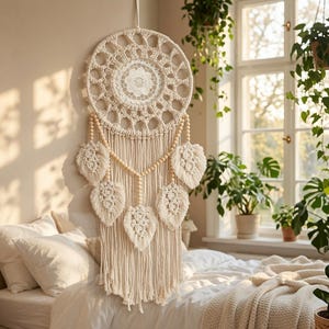 Large Macrame Dream Catcher, Boho Woven Leaf Tassel Wall Hanging, Neutral Spiritual Decor, Bedroom Nursery Dream Catcher Art