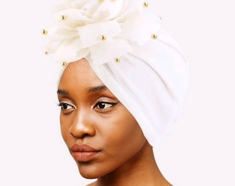 White Gold Beaded Holiday Evening Turban Hat Gatsby Turban Womens Turban Hat Hair Covering Scarf Chemo Cap Fashion Turban Chemo Hat