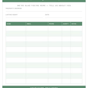 Puede incluir: Una hoja de registro para visitas inmobiliarias en verde y blanco con el texto OPEN HOUSE SIGN IN, PLEASE en la parte superior. Incluye campos para dirección, agente, fecha y una tabla con columnas para nombre, email, teléfono y notas.