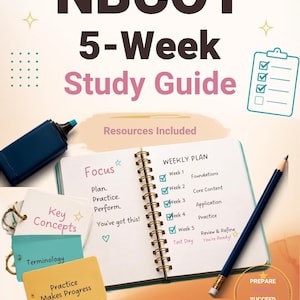 May include: An NBCOT 5-Week Study Guide with a spiral-bound planner showing a weekly plan, a dark blue highlighter, a pencil, and three small index cards labeled Key Concepts, Terminology, and Practice Makes Progress, all on a light background.