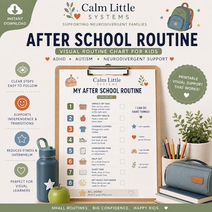 May include: A printable visual routine chart on a clipboard titled My After School Routine. The chart lists eight numbered steps with icons, including unpacking a bag, eating a snack, changing clothes, and homework, with checkboxes for tracking progress.