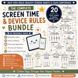 May include: A digital bundle of 20 printable pages titled The Complete Screen Time & Device Rules Bundle. The set includes various charts, checklists, and schedules with illustrations of tablets and phones featuring smiling faces and text.