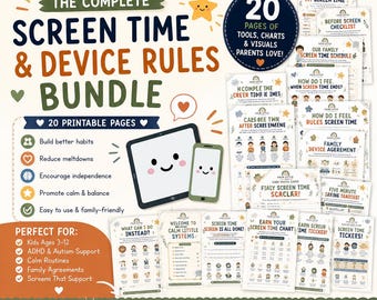 May include: A digital bundle of 20 printable pages titled The Complete Screen Time & Device Rules Bundle. The set includes various charts, checklists, and schedules with illustrations of tablets and phones featuring smiling faces and text.