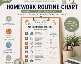 May include: A printable homework routine chart on a clipboard with seven numbered steps, including icons for a backpack, timer, and pencil. The text reads My Homework Routine and I Can Do Hard Things, surrounded by icons of stars, hearts, and rainbows.
