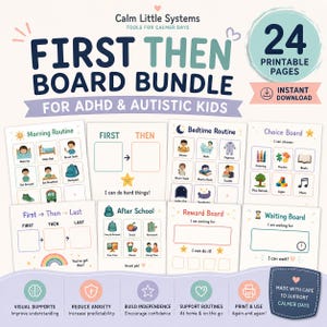 Puede incluir: Un paquete digital de 24 páginas imprimibles titulado First Then Board Bundle for ADHD & Autistic Kids. El conjunto incluye tablas de apoyo visual para rutinas matutinas y nocturnas, tableros de elección, de recompensa y de espera con iconos.