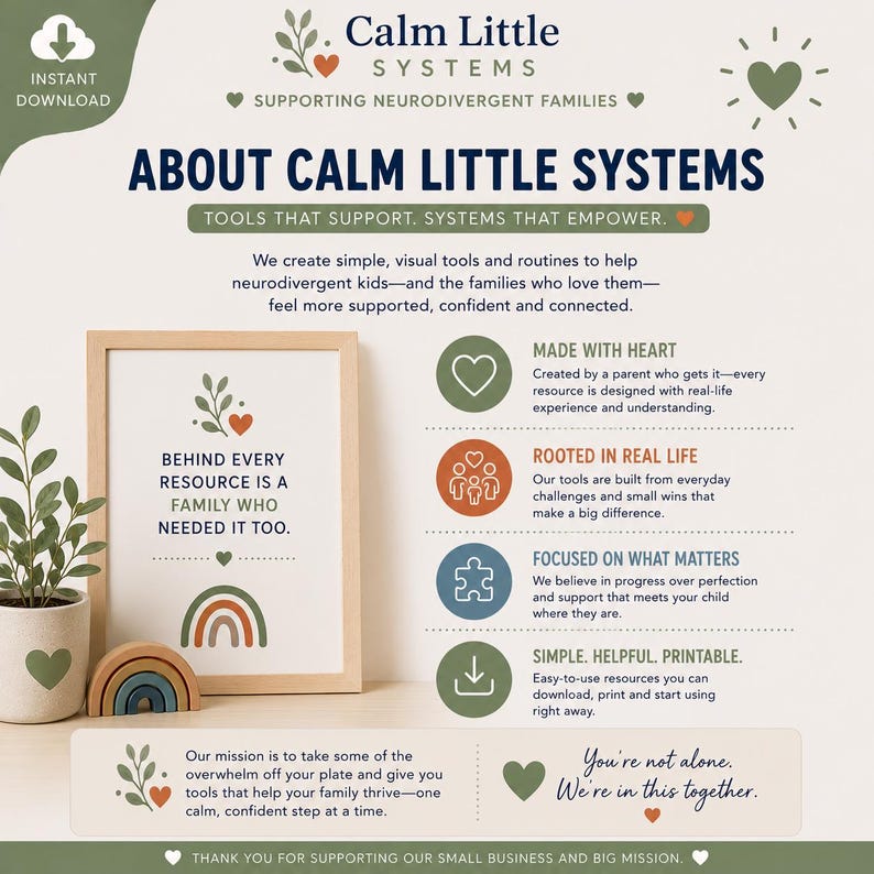 May include: An informational graphic for Calm Little Systems featuring text about neurodivergent family support. It includes a framed print with a rainbow, a plant in a heart-patterned pot, and four circular icons with text explaining their mission.