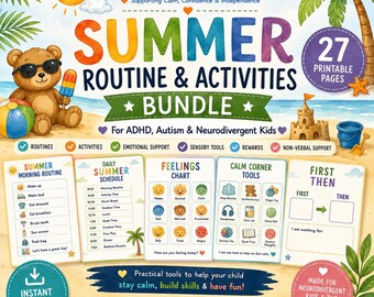 May include: A digital bundle of 27 printable pages titled Summer Routine & Activities Bundle by Calm Little Systems. The graphic features a teddy bear with sunglasses, a sandcastle, and various charts for routines, feelings, and calm corner tools.