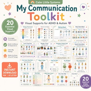 Könnte beinhalten: Ein digitales Kommunikations-Toolkit mit 20 visuellen Unterstützungskarten für ADHS und Autismus. Die Sammlung enthält Diagramme für Gefühle, Lautstärke, tägliche Entscheidungen, Belohnungen, Notfallkontakte und Grundbedürfnisse im PDF-Format.