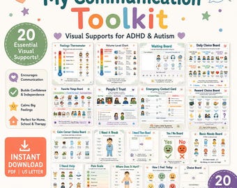 May include: A digital My Communication Toolkit featuring 20 visual support pages for ADHD and autism. The collection includes charts for feelings, volume levels, daily choices, rewards, emergency contacts, and basic needs, all in a PDF US Letter format.