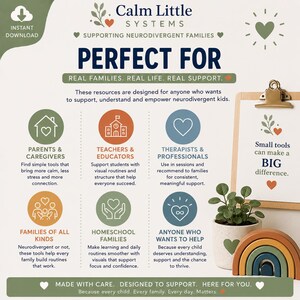 May include: A digital informational flyer titled Calm Little Systems Supporting Neurodivergent Families. It features text about resources for parents, teachers, and therapists, alongside icons and a clipboard with the text Small tools can make a BIG difference.