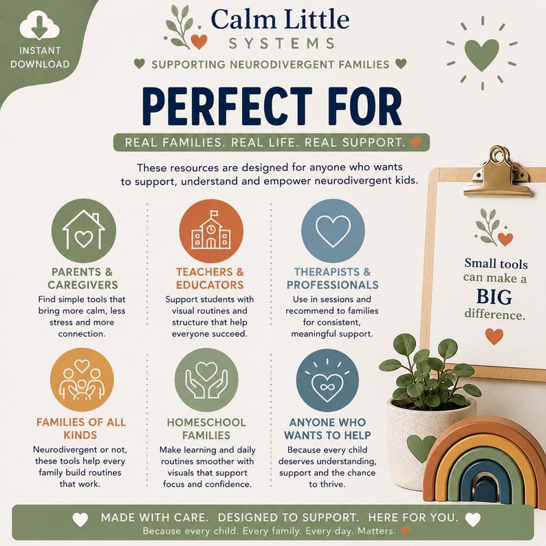 May include: A digital informational flyer titled Calm Little Systems Supporting Neurodivergent Families. It features text about resources for parents, teachers, and therapists, alongside icons and a clipboard with the text Small tools can make a BIG difference.