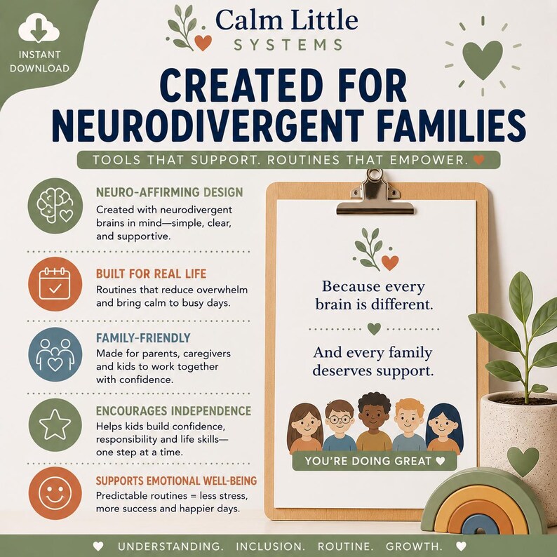 May include: A digital flyer for Calm Little Systems featuring text Created for Neurodivergent Families, Tools that Support, Routines that Empower, and a clipboard with an illustration of five diverse children and the text You're Doing Great.