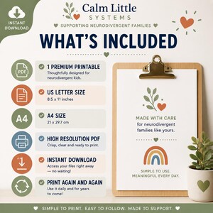 May include: A digital download information graphic titled Calm Little Systems Supporting Neurodivergent Families. It lists features including US Letter size 8.5 x 11 inches, A4 size 21 x 29.7 cm, high resolution PDF, and instant download capabilities.