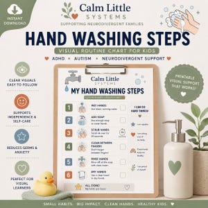 May include: A printable visual routine chart titled My Hand Washing Steps on a clipboard. The chart lists six numbered steps with icons for washing hands, including wet, soap, scrub, rinse, and dry. It features text like I Can Do Hard Things.
