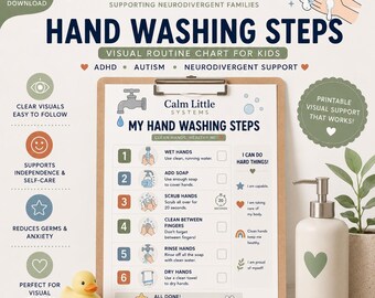 May include: A printable visual routine chart titled My Hand Washing Steps on a clipboard. The chart lists six numbered steps with icons for washing hands, including wet, soap, scrub, rinse, and dry. It features text like I Can Do Hard Things.
